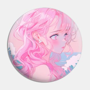 Pink Anime Girl Waves Japanese Pin