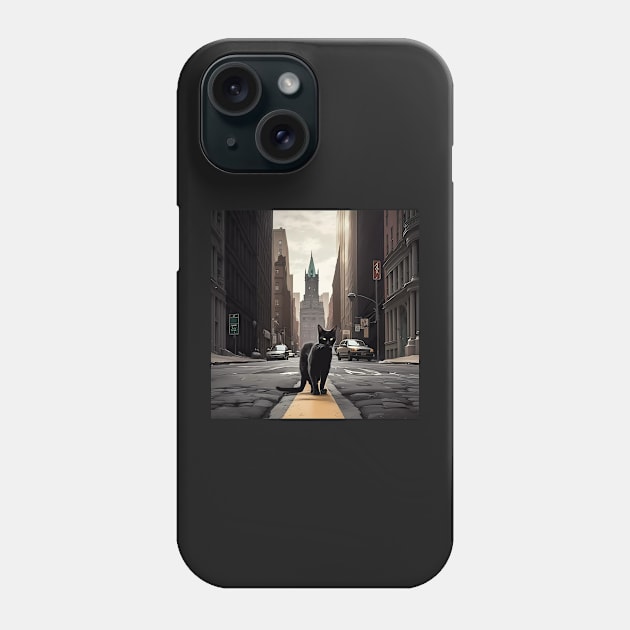 Digital art, Black Cat walking down a street in the city Sticker Phone Case by MeatLuvers