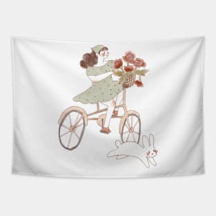 Cycling Girl with bunny and flowers Tapestry