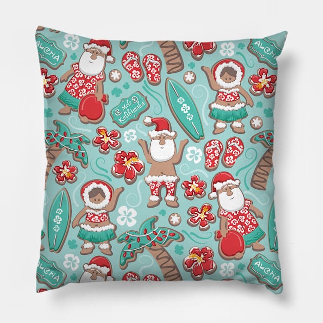 Mele Kalikimaka Hawaiian Christmas gingerbread cookies // pattern // aqua background Pillow by SelmaCardoso