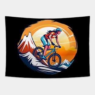 woman riding a bicycle going down a hill Tapestry