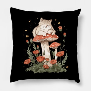 Vintage Cottagecore Nature Aesthetic mushroom Cat Floral Garden Kawaii Kitten Pillow