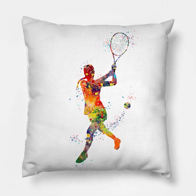 Girl Tennis Player Backhand Shot Watercolor Pillow by LotusGifts