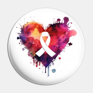 Ribbon in Center of Bold Colorful Heart - Cancer - Digital Watercolor Graphic Design Pin