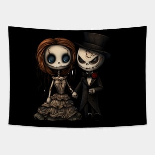 Scary Spooky Doll Halloween Cutte Skull Couple, bride and groom, husband and wife, wedding Creature Fun Tapestry