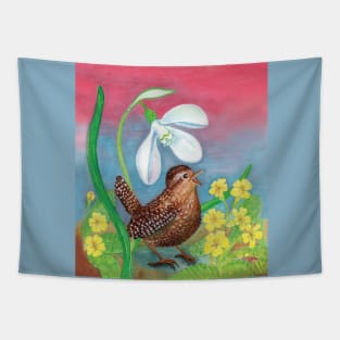 Wren Bird (Troglodytes troglodytes) and a Snowdrop Illustration Tapestry