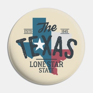 Texas State logo, emblem, label. The Lone Star State. USA Texas vintage design. Texas flag map. Pin