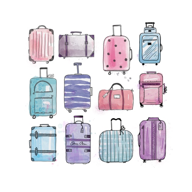 Watercolor luggages | baggages | bags. Hand drawn with ink and watercolos by RenattaZare