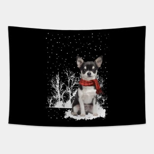 Christmas Chihuahua With Scarf In Winter Forest Tapestry