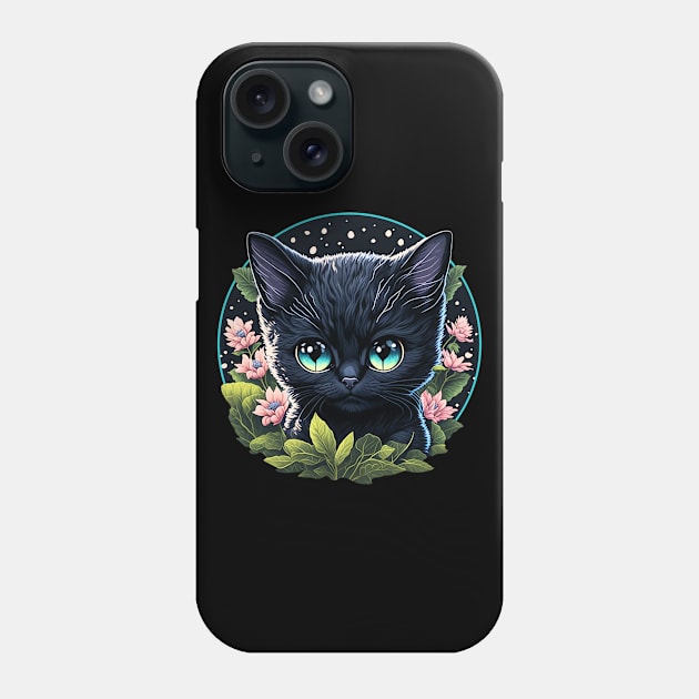 Starry Night Kitten with Big Blue Eyes and Pink Flowers Phone Case by The Wolf and the Butterfly