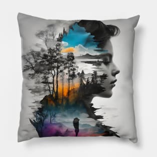 Woman Silhouette Blending With Surreal Sunset Pillow