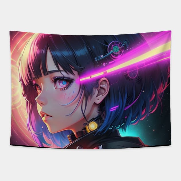 Charming Cuteness: Embrace the Irresistible Anime Girl Cute Kawaii Vibe Cyberpunk Galaxy Space Universe Tapestry by ShyPixels Arts