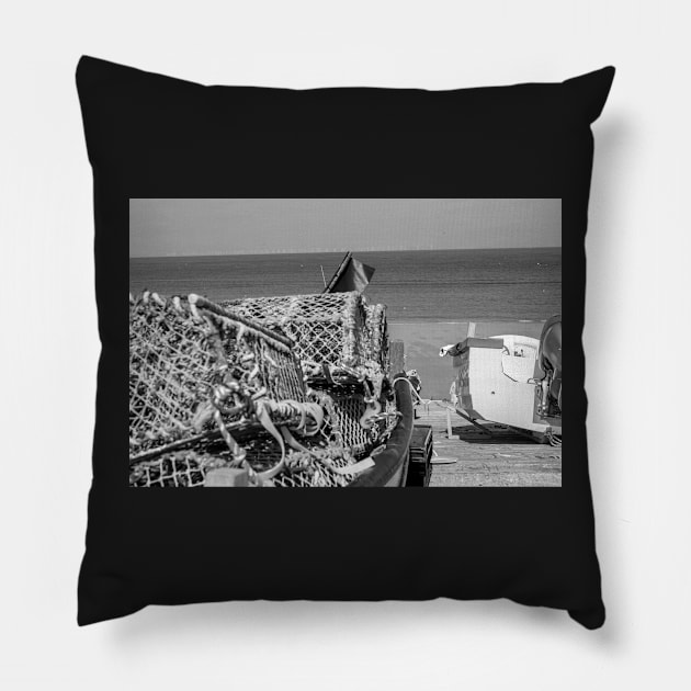 Lobster and crab pots on a fishing boat on the Norfolk coast Pillow by yackers1