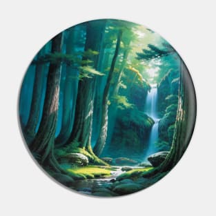 Little Green and Blue Forest Scene with a Waterfall Pin