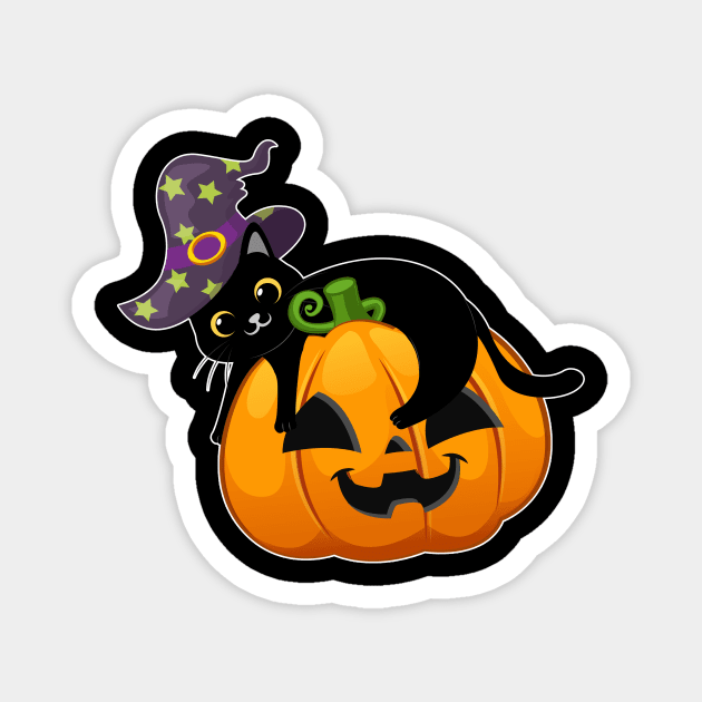 Lazy Black Cat Pumpkin Wear Witch Hat For Halloween 2021 Magnet by Hong Lien 