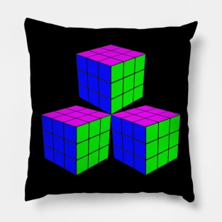 Three Rubik Cubes in a Triangle - Blue, Pink and Green Pillow