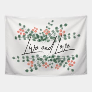 Watercolor Red Berries with Eucalyptus Leaves Live and Love Quote Tapestry