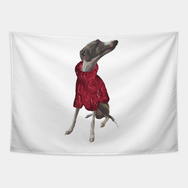 A handsome grey italian greyhound named Luca in a knitted red polo neck jumper jersey Tapestry by Fruit Tee