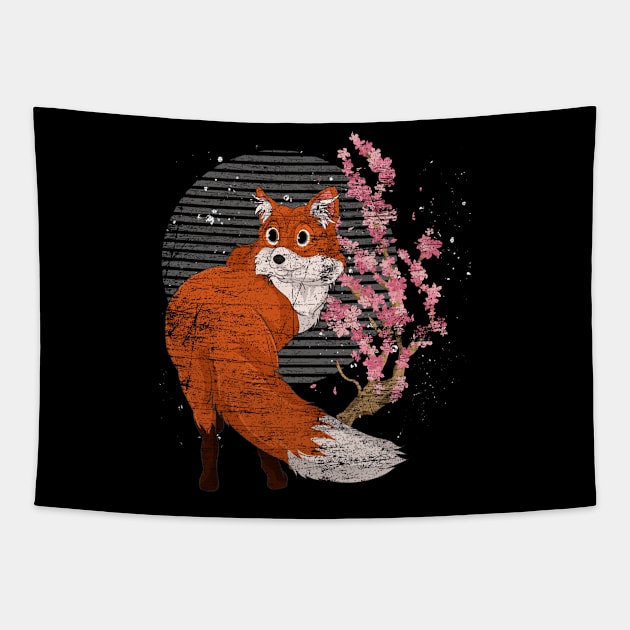 Wildlife Cherry Blossom Retro Fox Lover Forest Animal Fox Tapestry by ShirtsShirtsndmoreShirts