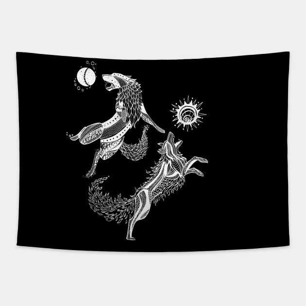 Hati and Sköll (white lineart) Tapestry by manicgremlin