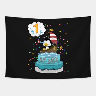 First Birthday Penguin with a boat Tapestry