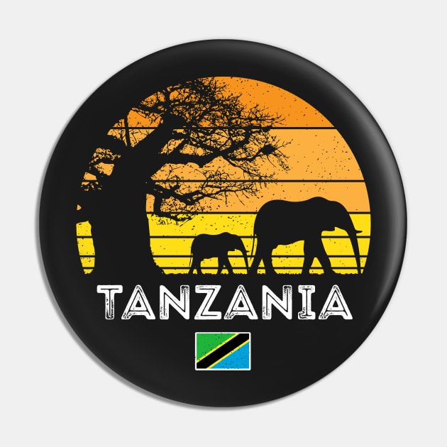 Tanzania Elephant Safari Vintage Sunset Baobab Africa Flag Pin by BraaiNinja