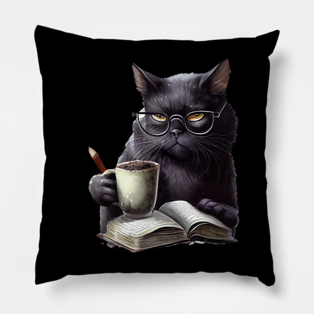 Black cat drinking coffee. Pillow by MikeNotis