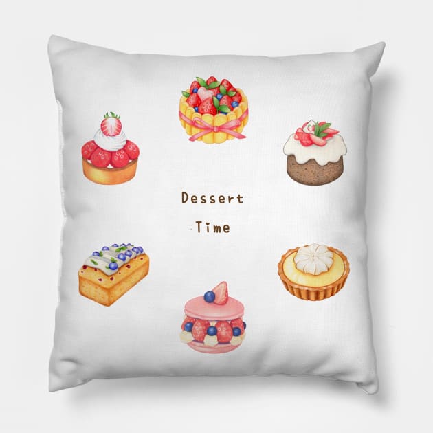 Fruit Dessert Illustration Pack 色鉛筆甜點插畫 - Charlotte Cake, Chiffon, Lemon and Strawberry Tart, Macaron, Blueberry Pound Cake Pillow by Rose Chiu Food Illustration