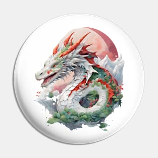 The illustration of the dragon sitting on the mountain surrounded by leaves and clouds Pin