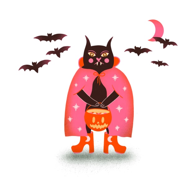 Cute black halloween cat with bats illustration by WeirdyTales