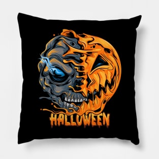 halloween pumpkin half skull looks spooky cool editable layers artwork Pillow