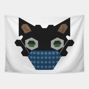 Black Cat Wearing Flowers Pattern with a blue background Mask Tapestry