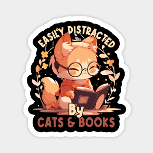 Easily Distracted by Cats and Books Funny Cat Lover Magnet