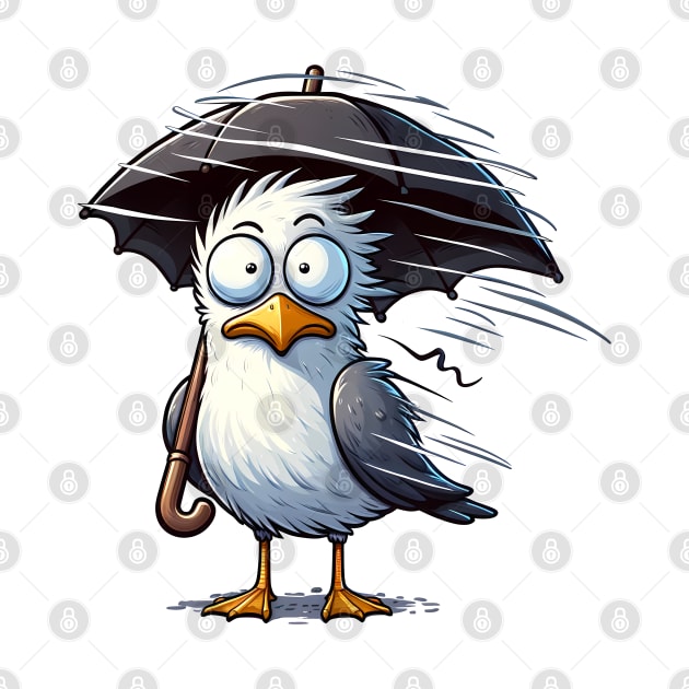 Surprised Seagull in Storm with an Umbrella by Infinitee Shirts