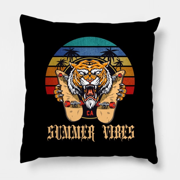 Tiger Summer Vibes Retro Pillow by JeffDesign