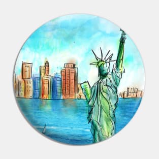 Colorful Urban Sketch of The Statue of Liberty the Bay and the Buildings Pin