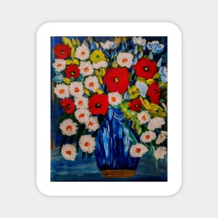 Some fun and bright poppies and mixed flowers in different vibrant colors in a glass vase Magnet