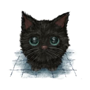 Black cat with blue eyes looks up at me T-Shirt