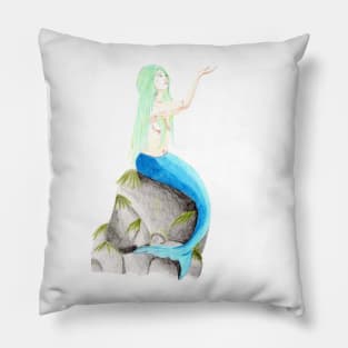 Sitting on the rock, reaching for the stars- Mermaid White Pillow