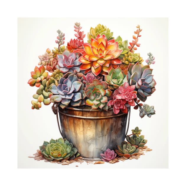 Succulent Bucket Watercolour Artwork by Vibrant Vista