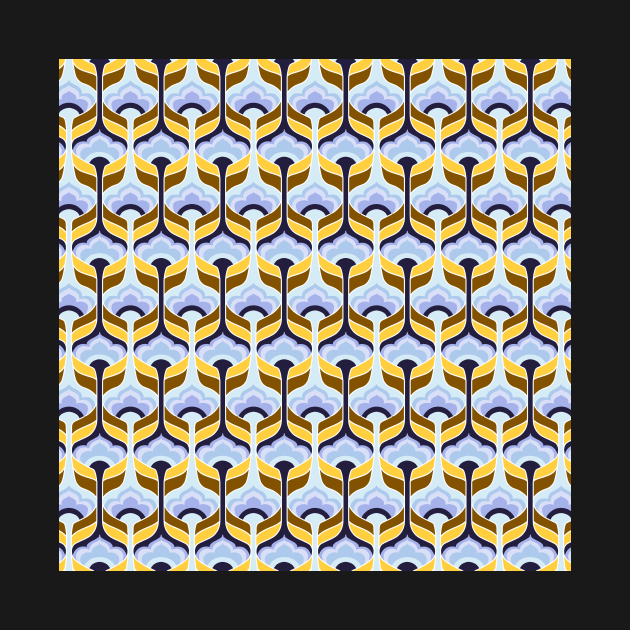 Blue, Yellow, and Brown Bubble Flowers Seamless Pattern 1970s Inspired by GenAumonier