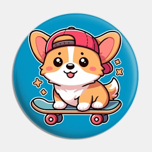 Kawaii Corgi Puppy on Skateboard Cute Dog Lover Pin