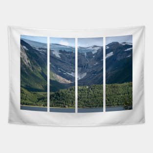 Wonderful landscapes in Norway. Nordland. Beautiful scenery of Svartisen glacier. Engabreen from the Holandsfjorden view. Mountains, trees, rocks and houses in background Tapestry