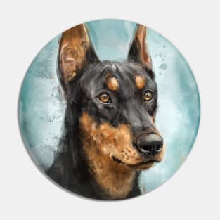 Contemporary Painting of a Black and Gold Doberman Pinscher on Blue Background Pin