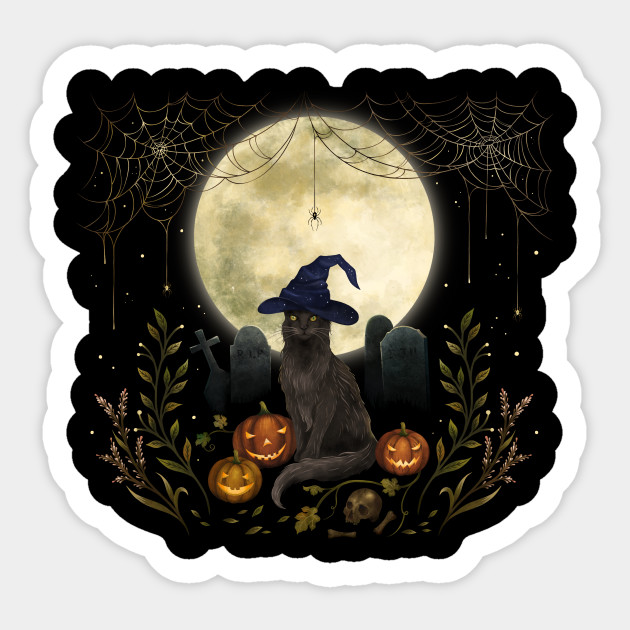 The Black Cat on Halloween Night - Black Cat - Sticker