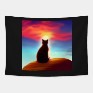 Cat Looking At Sunset Tapestry