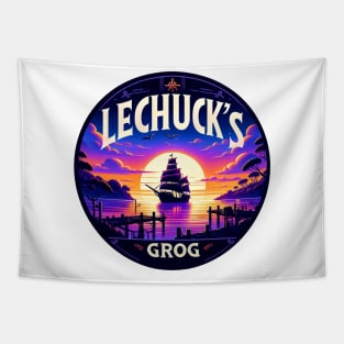 Sunset Sails at LeChuck's Grog - Vintage Pirate Ship Design Tapestry