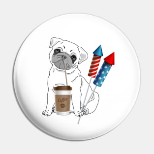 Pug Drinking Coffee with Fireworks Pin