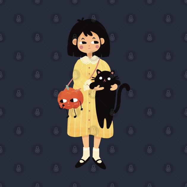 Halloween Girl with Black Cat and Pumpkin | Halloween Lovers Gift | Cute Gift Ideas| Handmade Illustrations by Atelier Serakara by Atelier Serakara