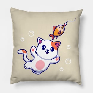 Cute Cat Catching Fish Cartoon Pillow